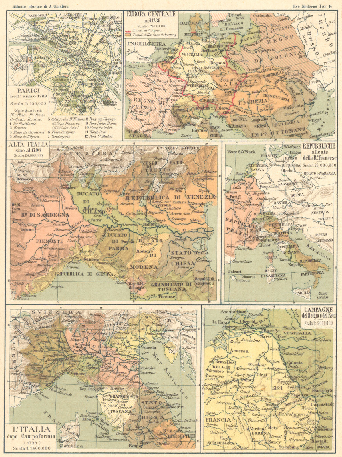 EUROPA. Parigi(Paris); Francese; Italia Compoformio; Belgio Reno 1889 old map